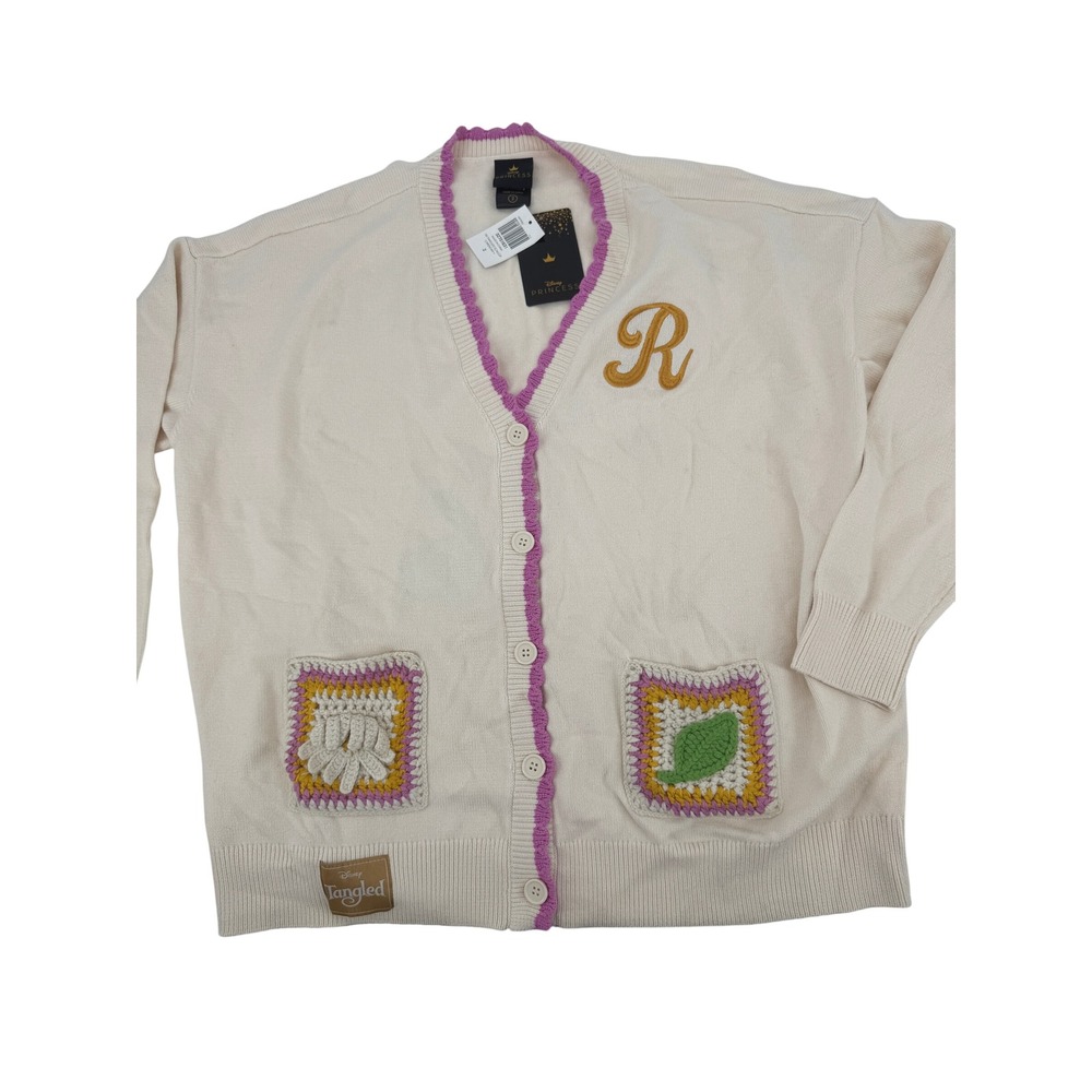 Disney Tangled Rapunzel Cardigan Sweater W 2 Cream Crochet Scallop BoxLunch NWT